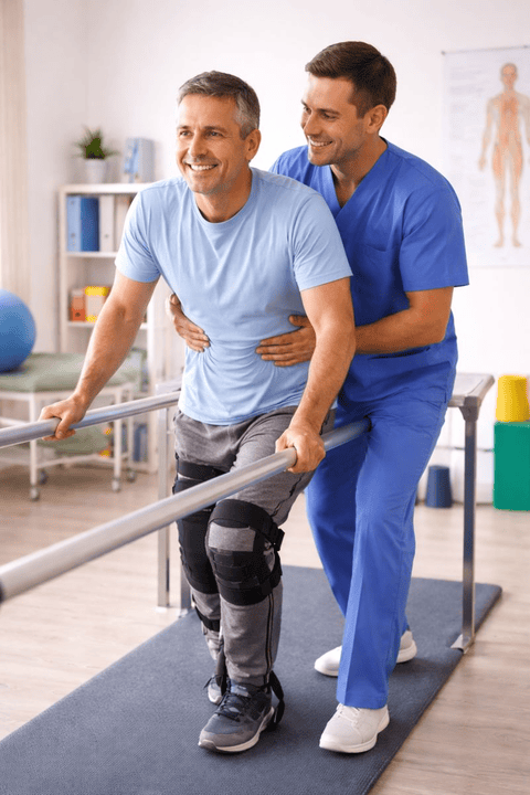 Therapist assisting a patient with neurological rehabilitation exercises.